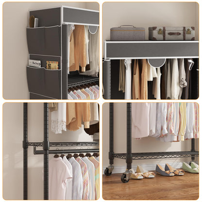 Homdox Garment Rack with Cover, Heavy Duty Clothing Rack for Hanging Clothes, Portable Closet Wardrobe, Double Rods Garment Rack with wheels, 35.1" W x 17.4" D x 80.6" H, Gray