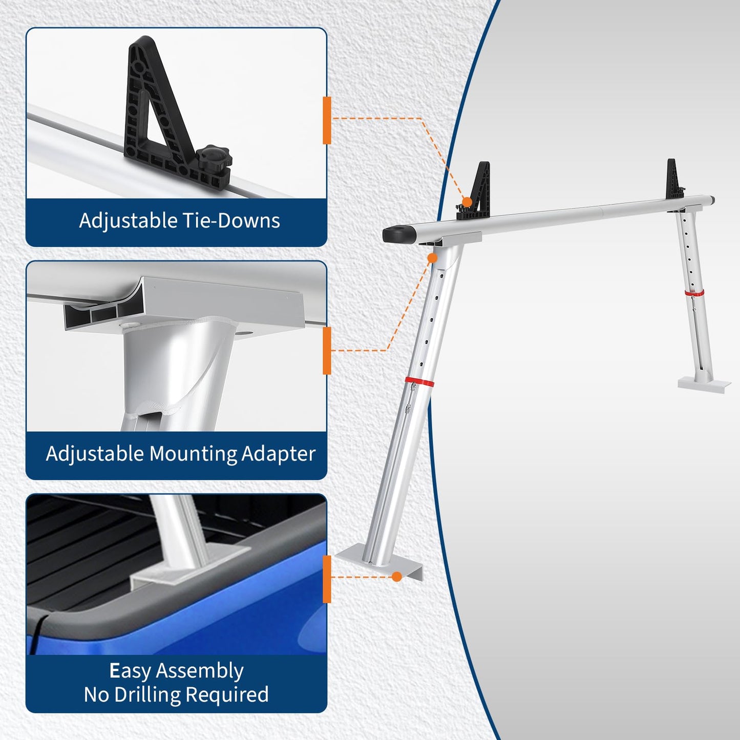 Heavy-Duty 800 LBS Aluminum Truck Ladder Rack, Adjustable 35.4–71 in Pickup Bed Cargo System with Drilling Mount for Lumber, Kayak, Surfboard & Work Equipment - Silver