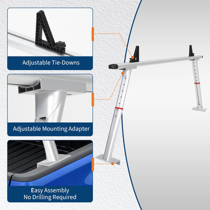 Heavy-Duty 800 LBS Aluminum Truck Ladder Rack, Adjustable 35.4–71 in Pickup Bed Cargo System with Drilling Mount for Lumber, Kayak, Surfboard & Work Equipment - Silver