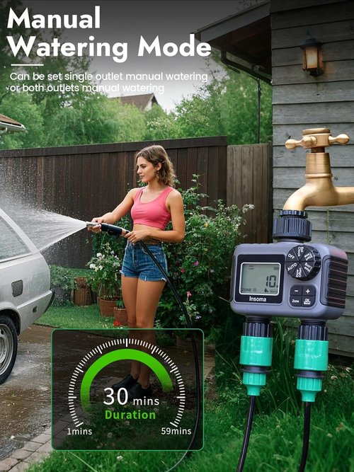 Insoma 2-Zone Sprinkler Timer - Programmable Garden Hose Timer with Auto & Manual Modes | Waterproof Irrigation Controller for Lawns & Drip Systems