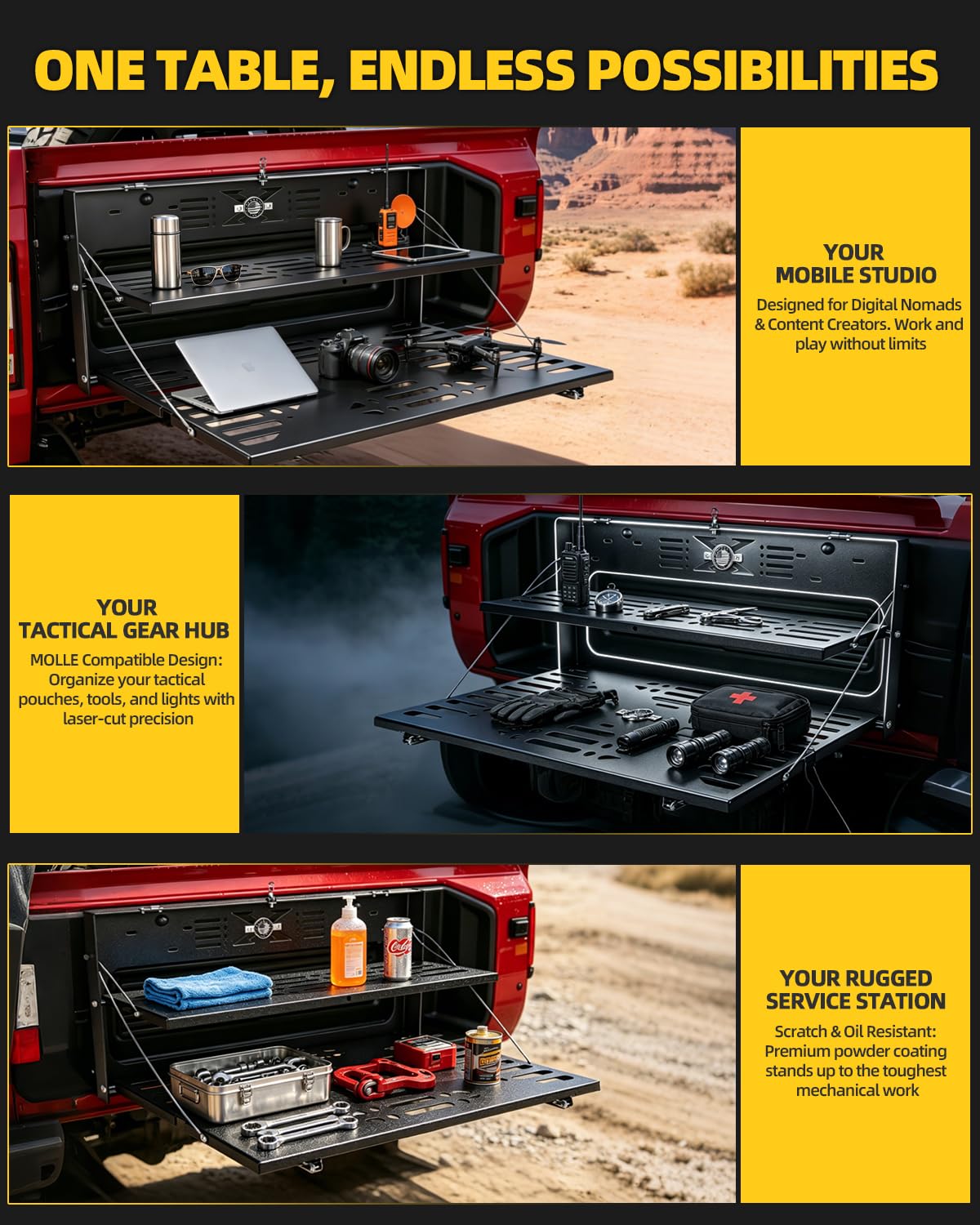 OFFROAD GAMERS 2-Tier Tailgate Table for Jeep Wrangler JK JL JLU 2007-2024 Accessories, Foldable Rear Cargo Shelf Molle Panel Organizer, Heavy Duty 100LBS Capacity Camping Kitchen Workbench