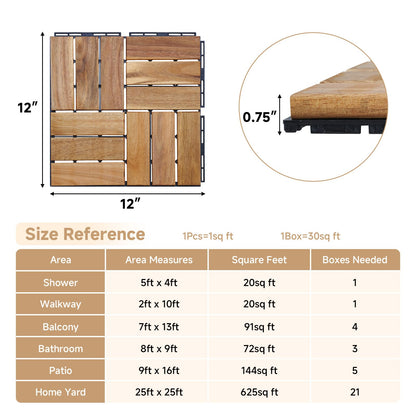 Rovibek Acacia Wood Interlocking Deck Tiles, 30PCS 12"x12" Outdoor Waterproof Decking Tiles, All Weather Use for Balcony Patio Backyard Poolside, Indoor & Outdoor, Checker Yellow