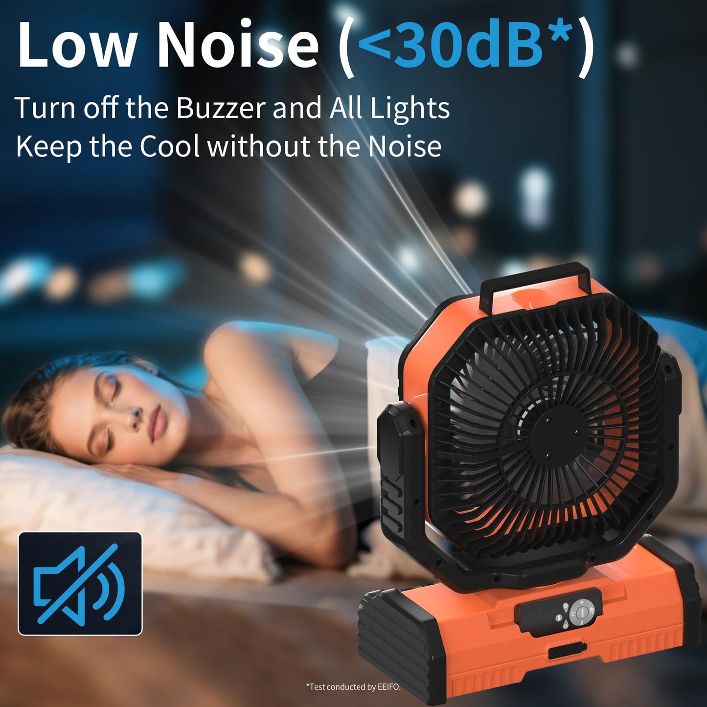 EEIFO 12 Inch Portable Camping Fan, 40000mAh Rechargeable Battery Powered Fan with 4 Speeds Wind and LED Light 140H, Cool & Warm Light and SOS Mode, Auto Oscillating, 360° Rotating Hang Hook(Orange)