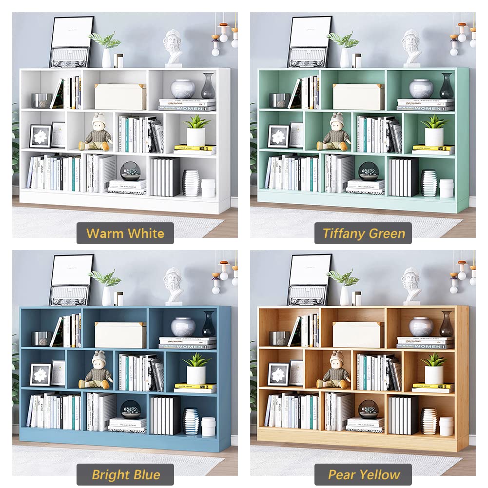 IOTXY Open Shelf Low Bookcase - Wooden 3-Tier Floor Standing Display Cabinet Organizer with Base, 10 Cubes Short Horizontal Bookshelf in Pear Yellow