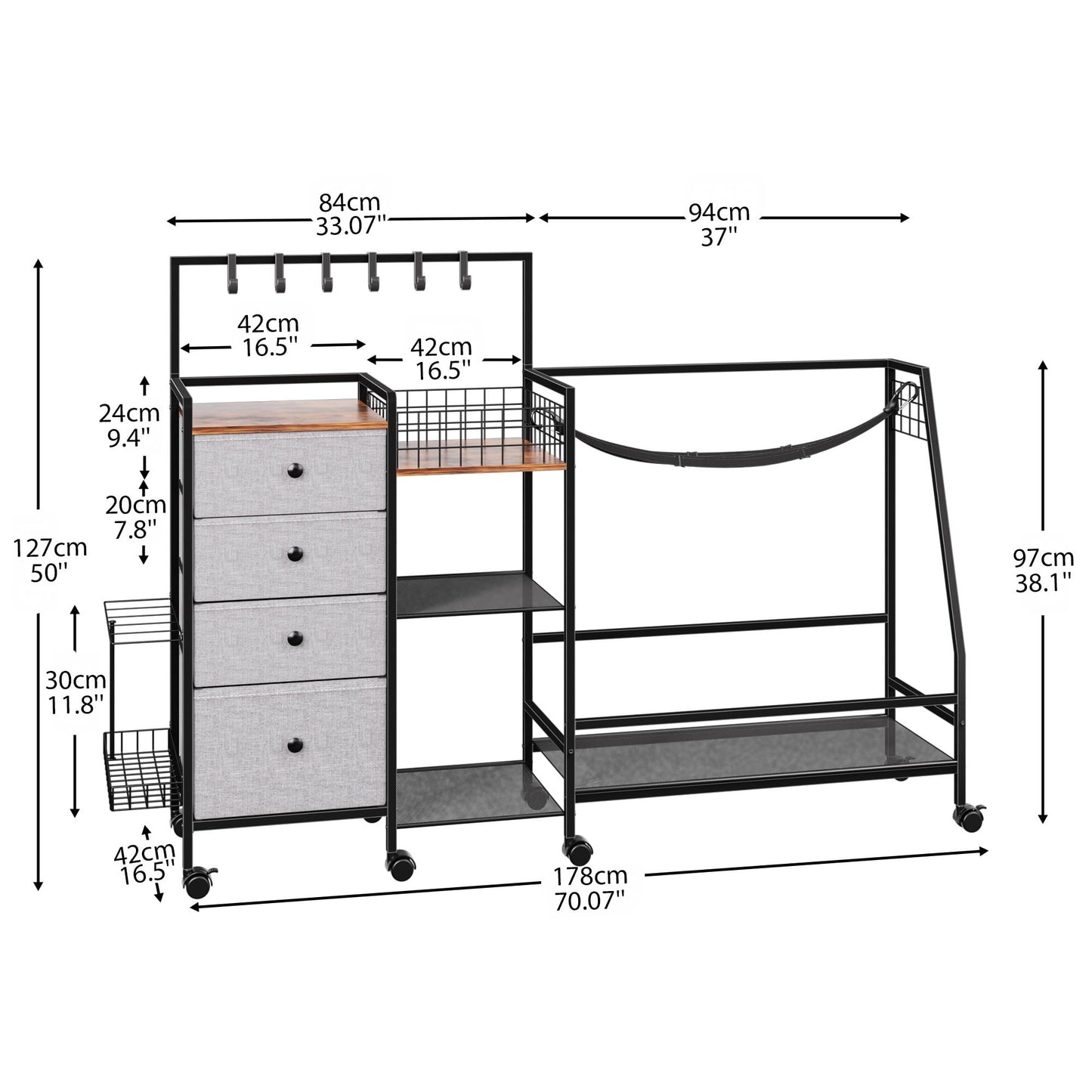 DALEMHOME Golf Bag Storage Rack for Garage, Extra Large 70.07" Golf Organizer Fits 3 Golf Bags, Heavy Duty Metal Golf Equipment Storage Stand with 4 Drawers, Side Basket and Lockable Casters