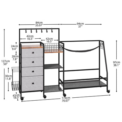 DALEMHOME Golf Bag Storage Rack for Garage, Extra Large 70.07" Golf Organizer Fits 3 Golf Bags, Heavy Duty Metal Golf Equipment Storage Stand with 4 Drawers, Side Basket and Lockable Casters