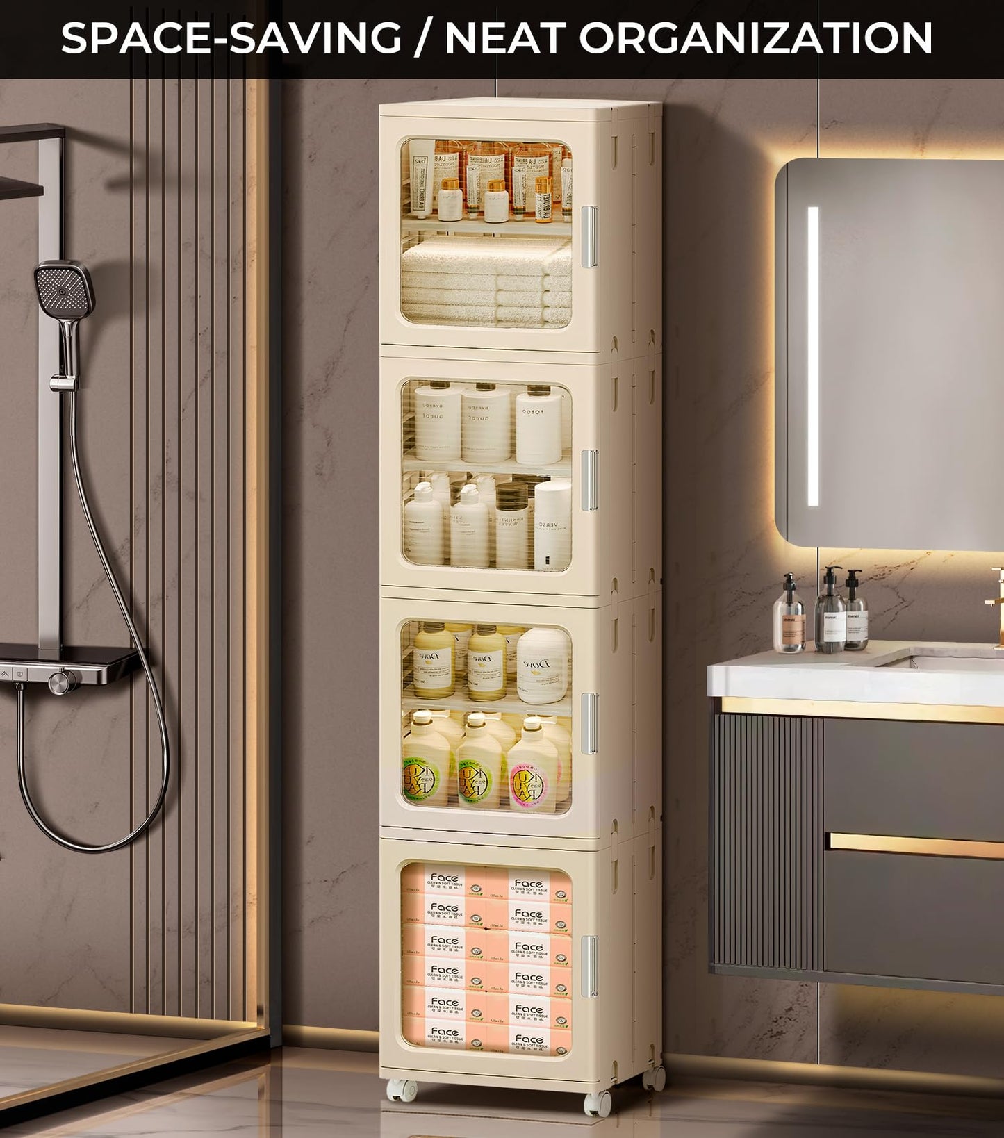 BUMODEL 4-Tier Tall Narrow Bathroom Storage Cabinet with Doors and Adjustable Shelves Slim Foldable Cabinets with Wheels Small Spaces Plastic Organizers for Kitchen Laundry Room Bedroom Pantry,Beige