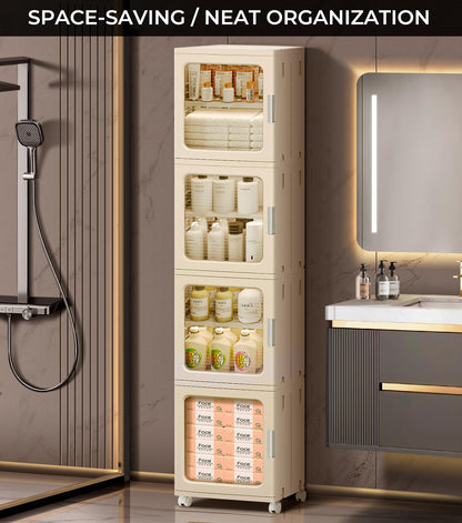 BUMODEL 4-Tier White Slim Storage Cabinet and 4-Tier Beige Slim Storage Cabinet with Doors and Adjustable Shelves