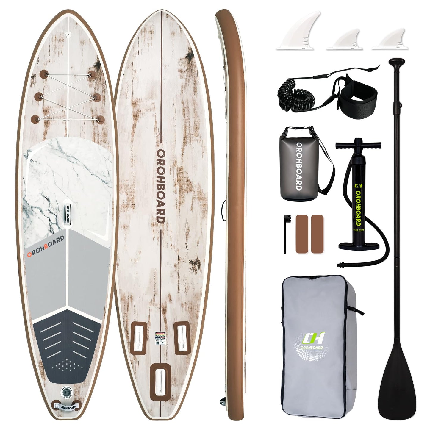 Inflatable Paddle Board, 10'6" x 32" Sup Board with High-Density Brushed Anti-Slip Deck, Double Scratch & Wear Resistance Full-Print Woodgrain Design, All-Around Stand Up Paddle Board