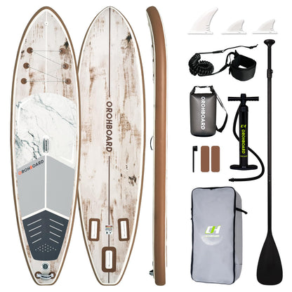 Inflatable Paddle Board, 10'6" x 32" Sup Board with High-Density Brushed Anti-Slip Deck, Double Scratch & Wear Resistance Full-Print Woodgrain Design, All-Around Stand Up Paddle Board