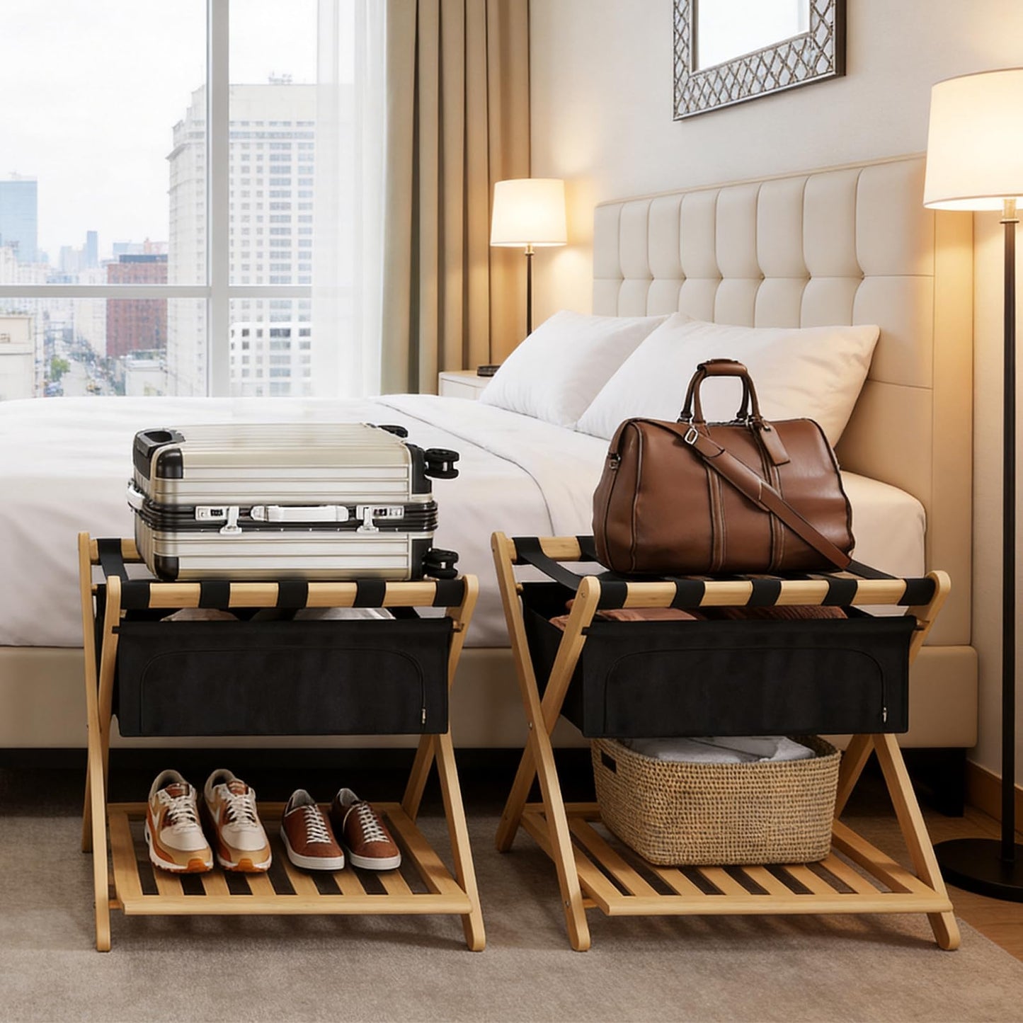 Full Assembled 26.77"L Luggage Rack for Guest Room, Set of 2 Foldable Suitcase Stand with 5 Nylon Straps & Cloth Bag, Luggage Stand Holder with Shoe Shelf for Suitcases Hotel (Natural Wood Bamboo)