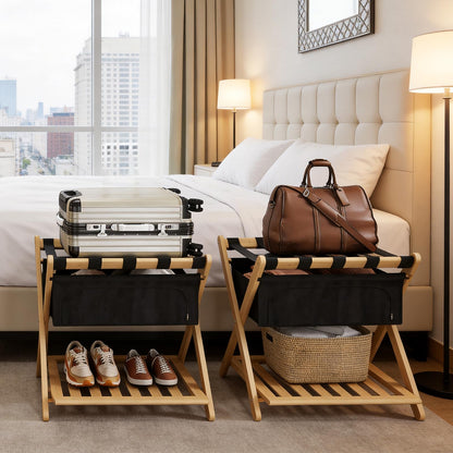Full Assembled 26.77"L Luggage Rack for Guest Room, Set of 2 Foldable Suitcase Stand with 5 Nylon Straps & Cloth Bag, Luggage Stand Holder with Shoe Shelf for Suitcases Hotel (Natural Wood Bamboo)