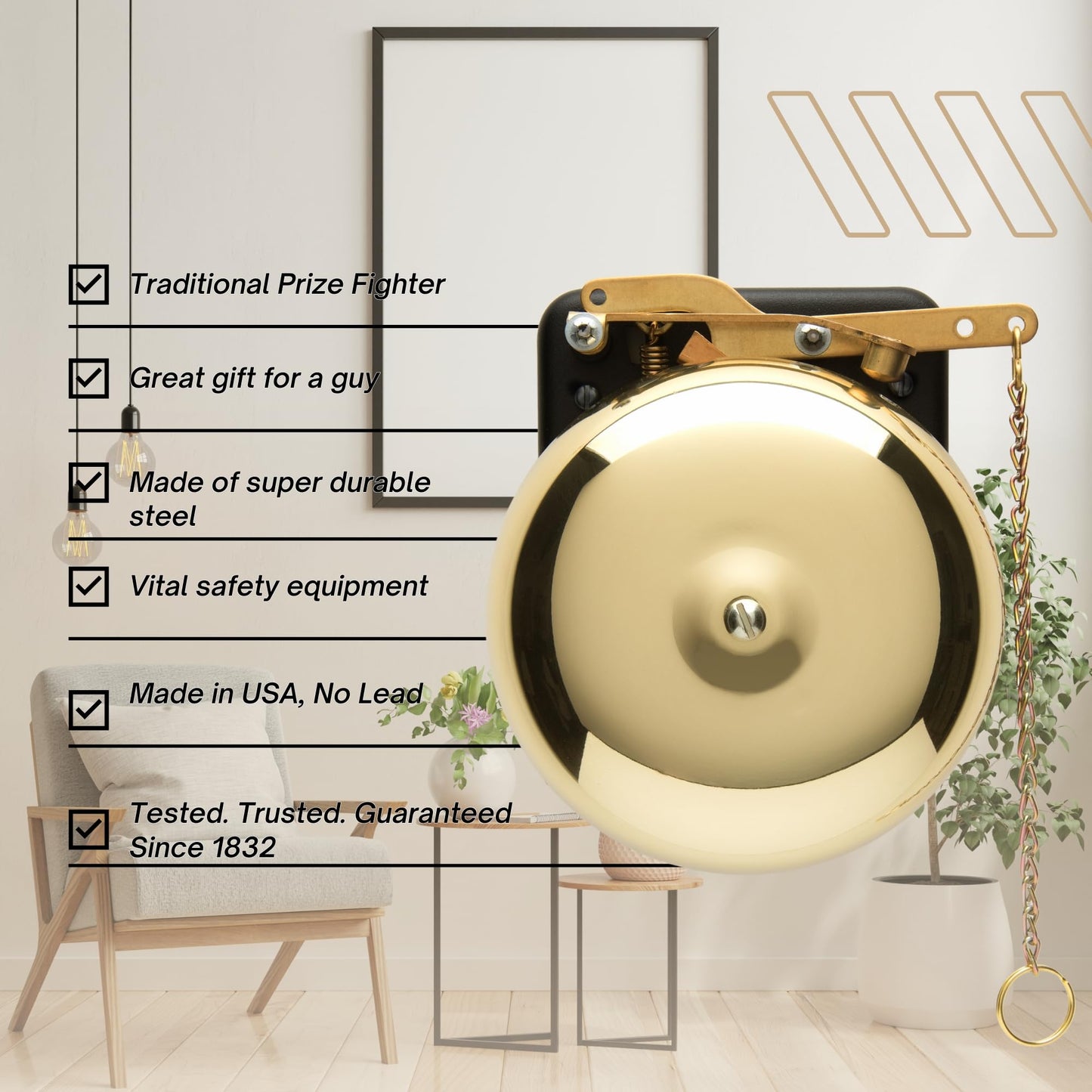 Bevin Bells Brass Trip Gong | Traditional Prize Fighter 8" Boxing Bell | Loud & Made of Steel & Brass | Boxing Training and Warning Device in One | Man Cave/Bar Accessory | Made in USA