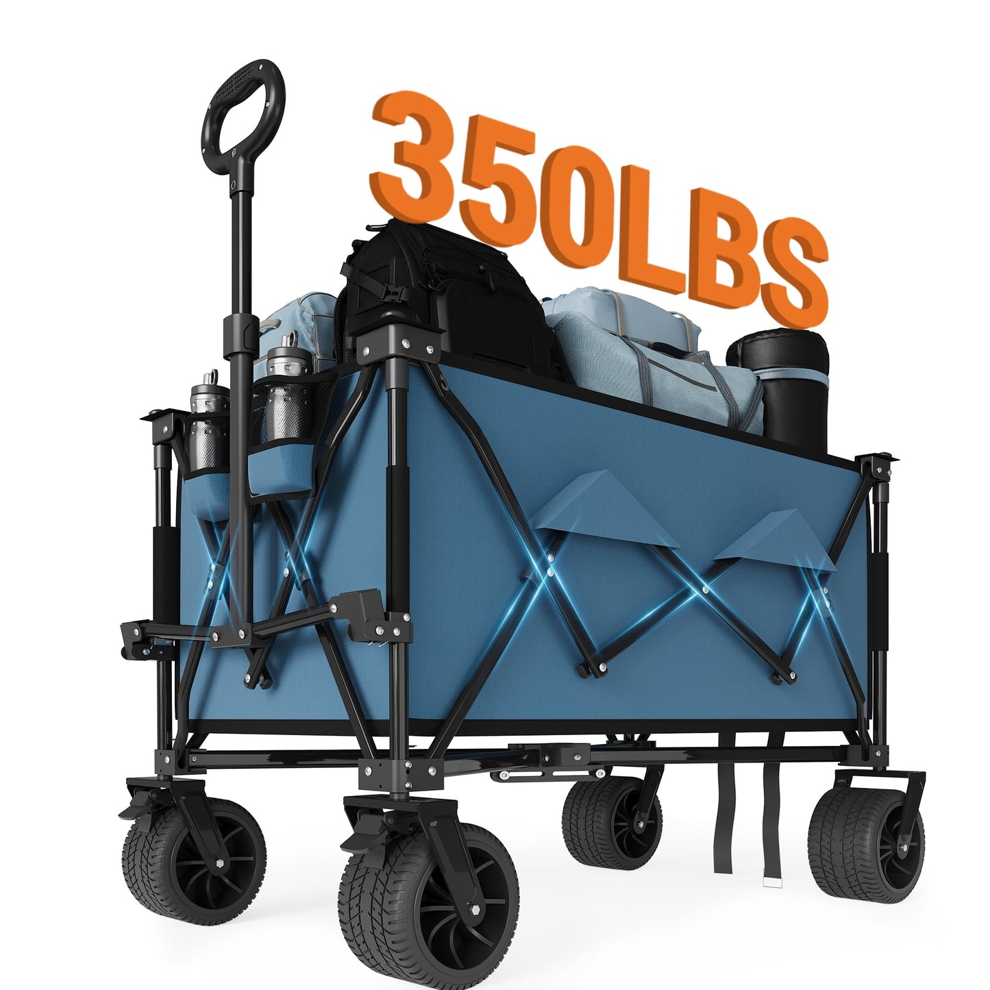 Collapsible Wagons Carts with Wheels, 350 LB Capacity & 280 L, Foldable Portable Camping Wagon with Flexible Handle & Cup Holders, Heavy Duty Grocery Cart for Beach Shopping Garden, Blue