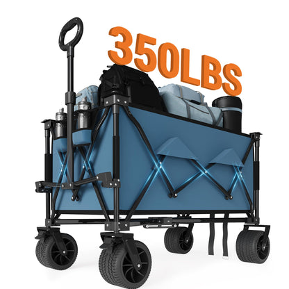 Collapsible Wagons Carts with Wheels, 350 LB Capacity & 280 L, Foldable Portable Camping Wagon with Flexible Handle & Cup Holders, Heavy Duty Grocery Cart for Beach Shopping Garden, Blue