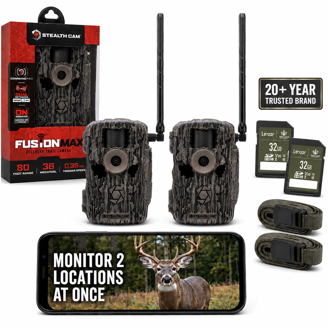 Stealth Cam Fusion MAX Cellular Trail Camera 2-Pack with 2 Lexar 32GB SD Cards | Dual SIM AT&T + Verizon | 36MP Photo, 720P HD Video, 0.35 Sec Trigger Speed