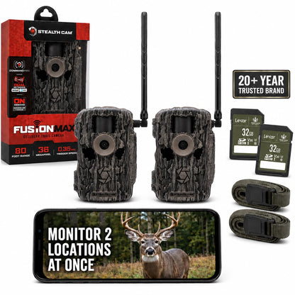 Stealth Cam Fusion MAX Cellular Trail Camera 2-Pack with 2 Lexar 32GB SD Cards | Dual SIM AT&T + Verizon | 36MP Photo, 720P HD Video, 0.35 Sec Trigger Speed