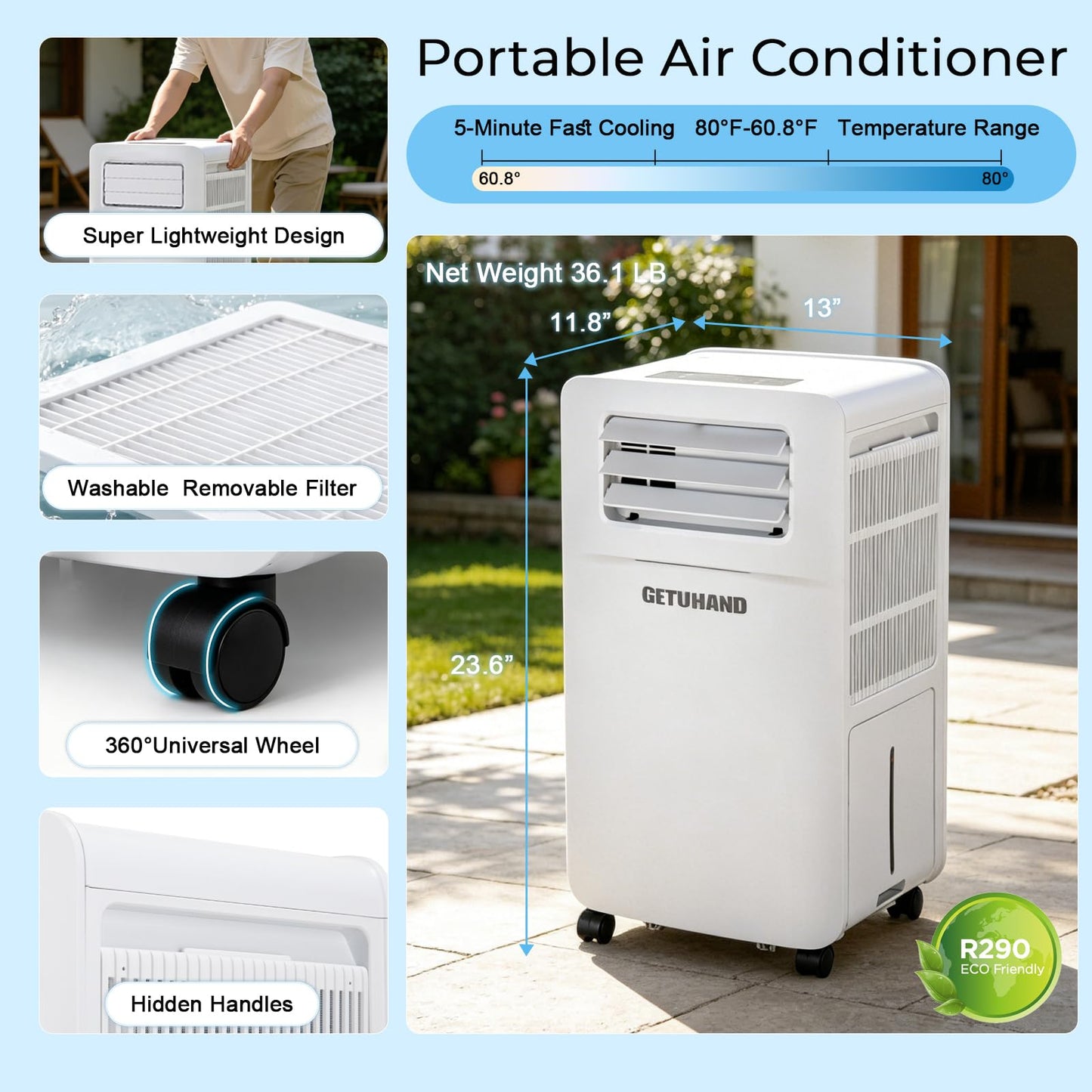 GETUHAND Portable Air Conditioner for Camping Outdoor Water cooled Drain-Free, 5200BTU Fast Cooling for Tent AC/Yacht/Truck/Bedroom/Off-road vehicle/Pet House (White)