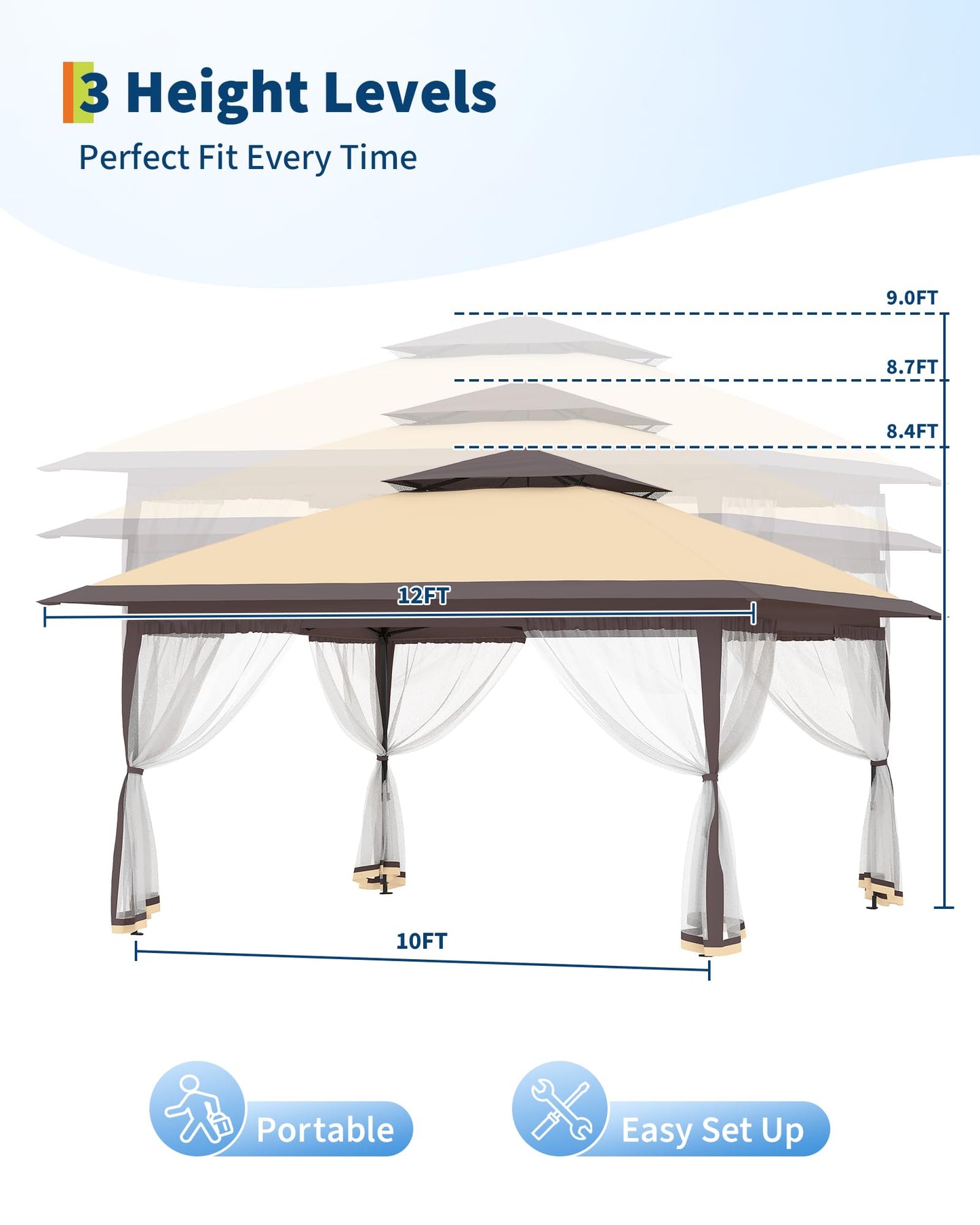 Garvee 12x12FT Pop Up Gazebo with Mosquito Netting, Outdoor Canopy Tent Easy Setup for Backyard Patio Garden Deck, Khaki & Coffee