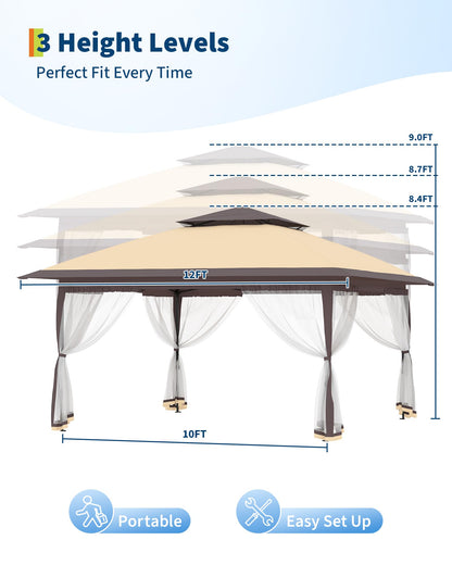 Garvee 12x12FT Pop Up Gazebo with Mosquito Netting, Outdoor Canopy Tent Easy Setup for Backyard Patio Garden Deck, Khaki & Coffee