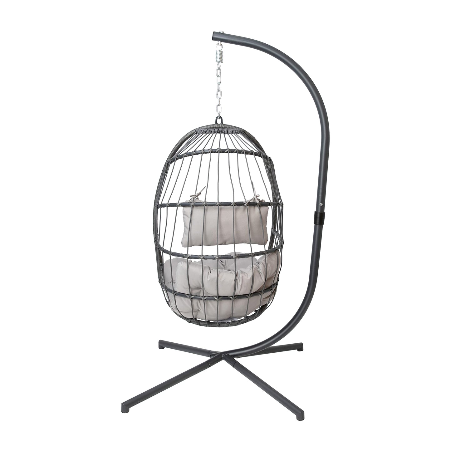 Flash Furniture Cleo Indoor/Outdoor Patio Hanging Egg Chair - Gray Frame with Gray Seat Cushions - Black Powder Coated C-Style Stand - Hanging Hardware Included