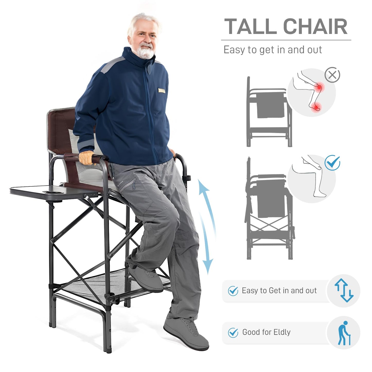 EVER ADVANCED 30.7" Seat Height Directors Chair for Makeup Artist with Side Table Easy Get in Out for Elderly Tall Camping Chair Supports 350lbs Red