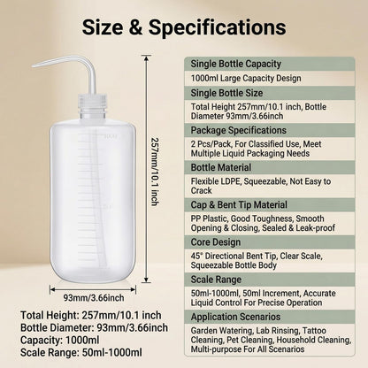 2PCS 1000ml/34 oz Plastic Squeeze Bottle With Measuring Refillable Bent Tip Wash Cleaning Liquids Water Storage Containers Pot Holder Portable Safety Garden Home Kitchen Supply (White)