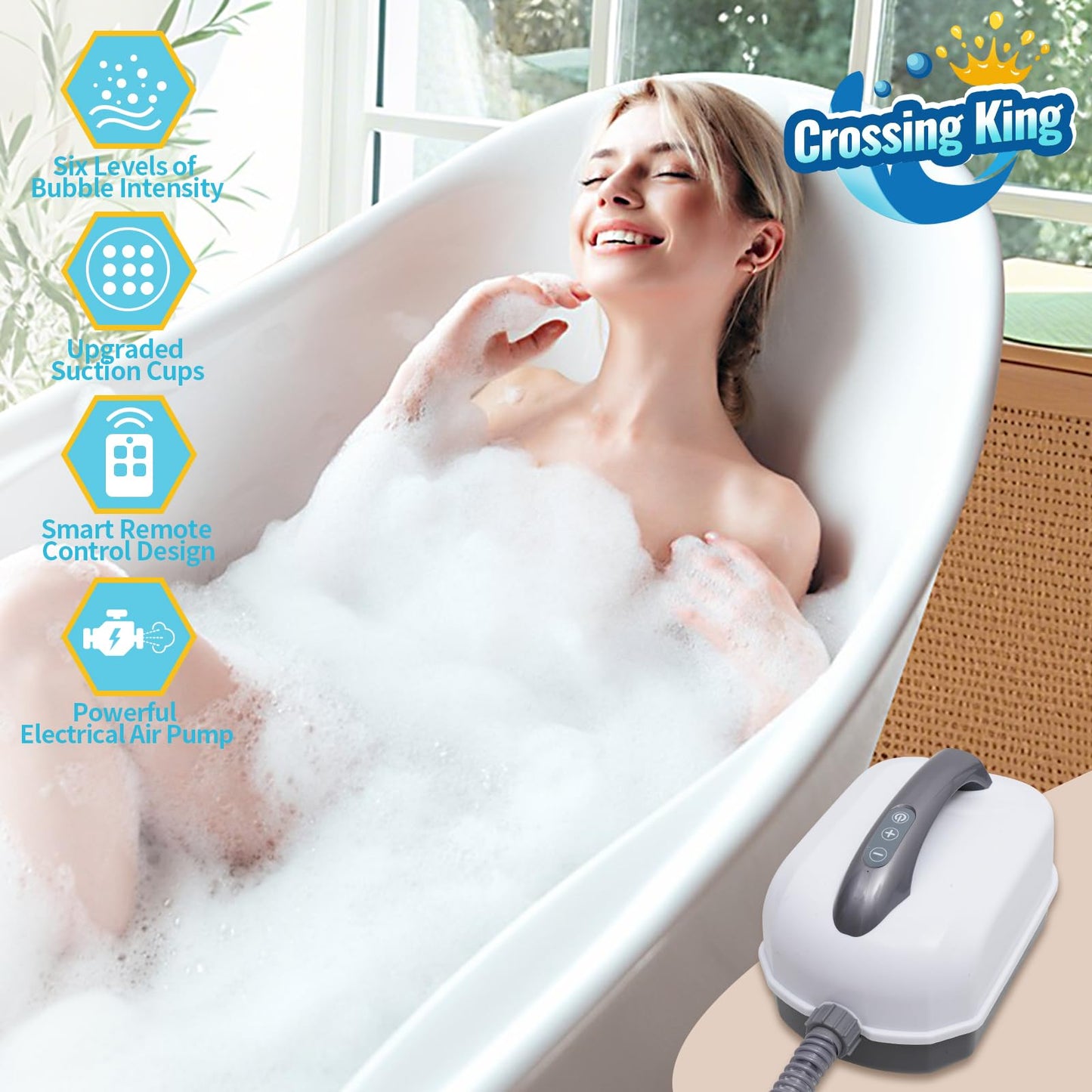 Crossing King Bubble Bath Mat Tub Spa Massager, Portable Spa Bubble Bath Massager with Upgraded Powerful Suction Cup, Electric Air Pump, Pillow and Remote Control for Relaxation 45 * 17in (Gray)