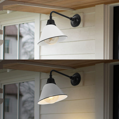 JONATHAN Y 9.63" White/Black 1-Light Farmhouse Outdoor Sconce, Industrial LED Wall Light, Gooseneck Arm Barn Lamp with Metal Bell Shade for Porch, Patio, Kitchen, LED Bulb Included JYL7612A