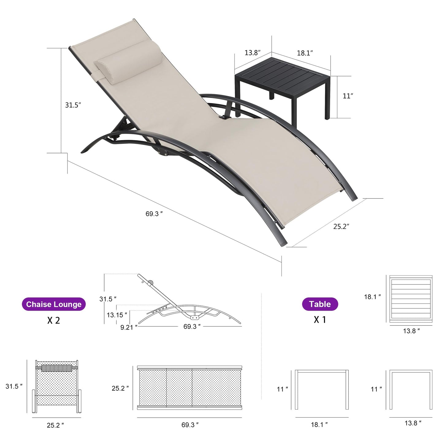 PURPLE LEAF Patio Chaise Lounge Set of 3 Outdoor Lounge Chair Beach Pool Sunbathing Lawn Lounger Recliner Chiar Outside Tanning Chairs with Arm for All Weather, Side Table Included, Beige