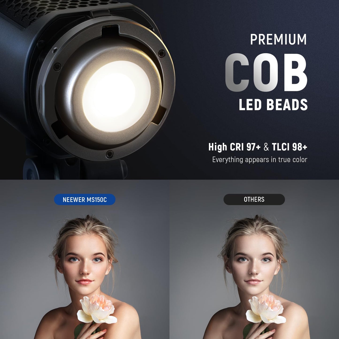 NEEWER MS150C RGBWW LED Video Light with 2.4G/APP Control, 150W Metal Mini RGB COB Continuous Output Lighting Bowens Mount Handheld Spotlight 2700K-6500K, 18000lux/1m, CRI97+/TLCI98+,17 Effects, RGBCW