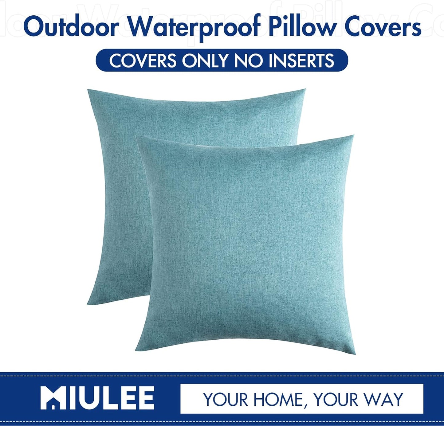 MIULEE Decorative Outdoor Throw Pillow Covers - Waterproof Faux Linen Cushion Cases | 16x16 Inch Turquoise, Set of 2