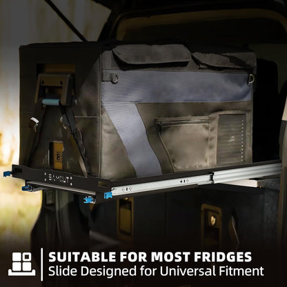 SAMOUT Fridge Slide with Chopping Board, Inner 29.2 x 18.7in, Vehicle Refrigerator Slider with 4 Buckle Straps, Max 287 LBS, 3rd Gen