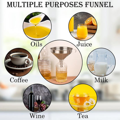 WMKGG 304 Stainless Steel Funnel, 5 Inch Funnels for Kitchen Use Filling Bottles, with 200 Mesh and 100 Mesh Fine Mesh Strainer, for Oils, Juice, Wine, Coffee, Milk, Tea, Powder