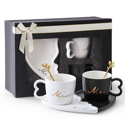 DELARLOCHEF 6Oz Mr and Mrs mug Heart Shaped Ceramic Mugs with Saucer & Golden Spoon. Perfect for Engagement, Wedding.Couple Mugs Graduation gifts father's day gifts