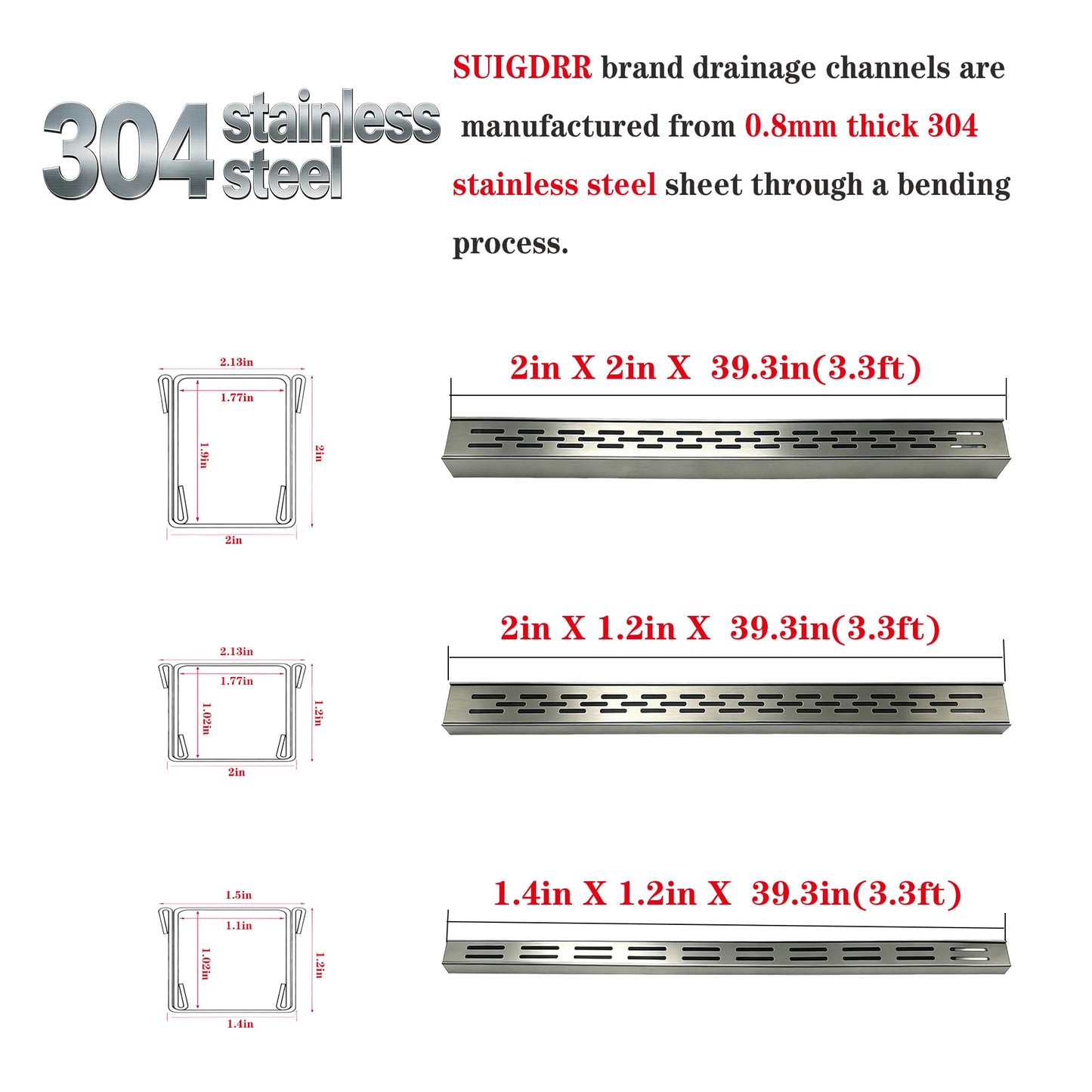 304 Stainless Steel Trench Drain Kit,Narrow Channel Drain with Grate & Coupling, Outdoor Drainage for Pool Deck/Yard/Driveway/Garage (19.6FT-2IN X 1.2IN)