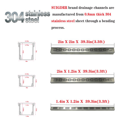 304 Stainless Steel Trench Drain Kit,Narrow Channel Drain with Grate & Coupling, Outdoor Drainage for Pool Deck/Yard/Driveway/Garage (19.6FT-2IN X 1.2IN)