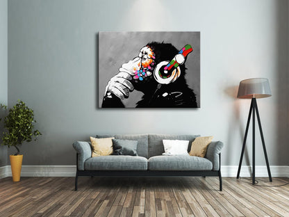 Wieco Art Black Framed Monkey With Headphones Banksy Graffiti Art Abstract Canvas Paintings Prints Animal Canvas Wall Art for Wall Decor and Home decorations Office Decor
