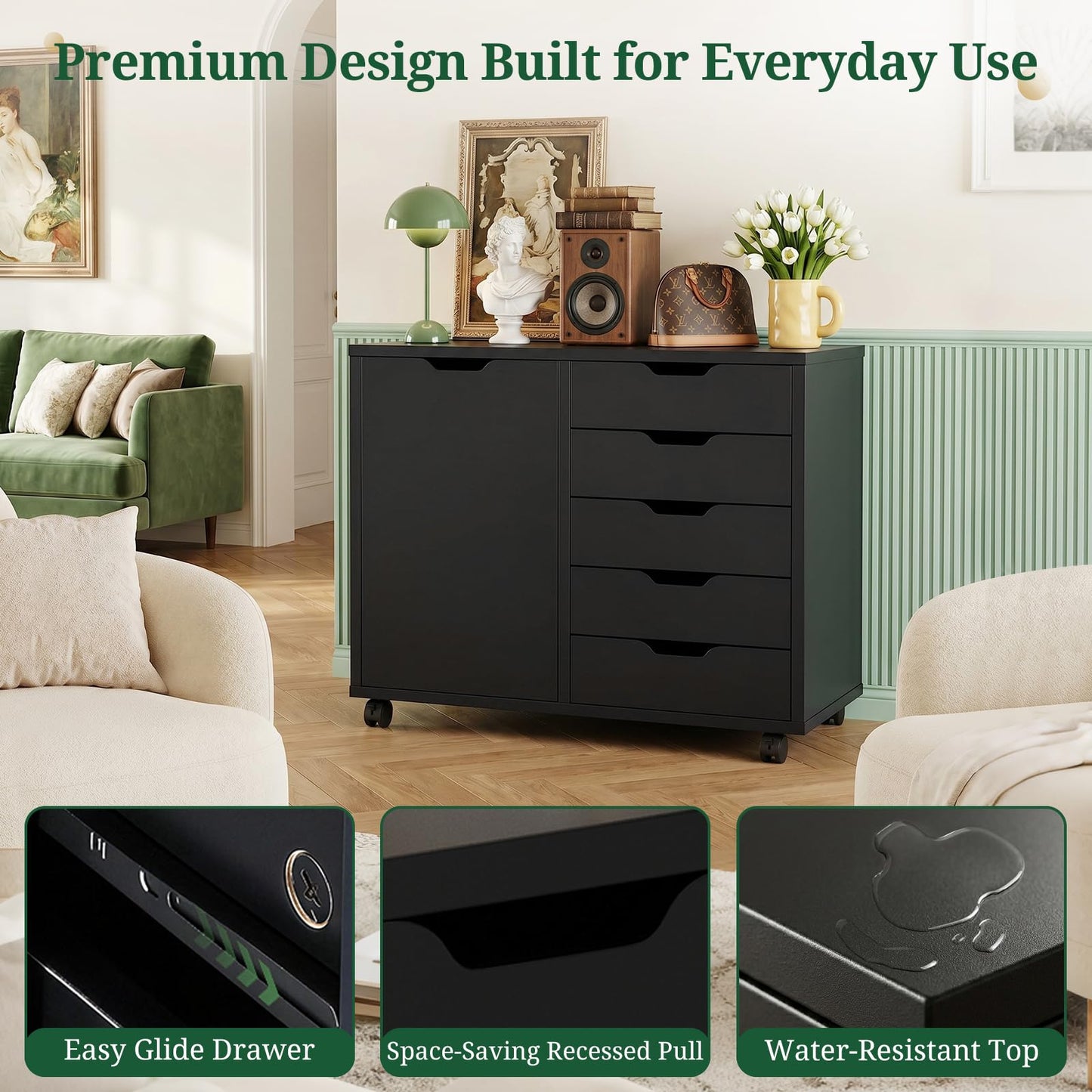 SageNest 5 Drawer File Cabinet with Wheels, Rolling Office Storage Cabinet with Shelves and Door, Printer Stand with Drawers, Under Desk Filing Cabinet with Wood Board, Black