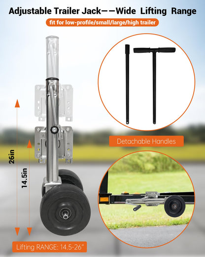 Boat Trailer Jack with Dual-Function Dolly, Two Wheel Swivel Folding Trailer Jack, Dual 8-Inch Wheels, Detachable Handle, 1,000 lbs Tongue Weight, for Garage, Driveway, Boat & Utility Trailers