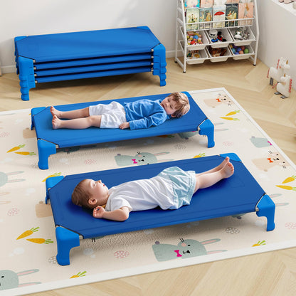 Giantex Stackable Daycare Cots for Sleeping, 53" L x 24" W Portable Nap Cots for Kids and Toddlers w/Easy Lift Corners, Space-Saving Toddler Bed for Preschool Classroom Pet Daycare, Pack of 6, Blue