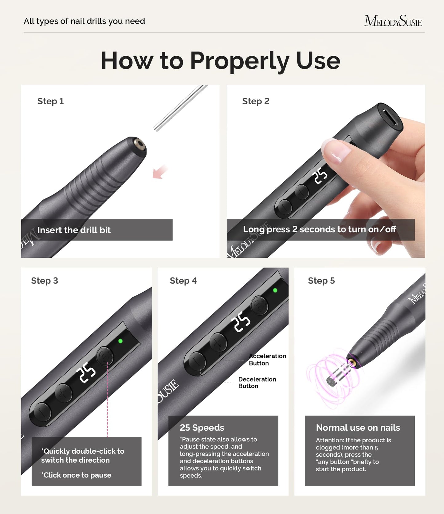 MelodySusie Cordless Nail Drill, PC180G 25,000RPM Rechargeable Electric Nail File with Nail Drill Bits,Sanding Bands