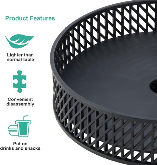JEAREY 13” Patio Umbrella Table Tray - Portable Round Design with Umbrella Hole for Beach & Garden, Black