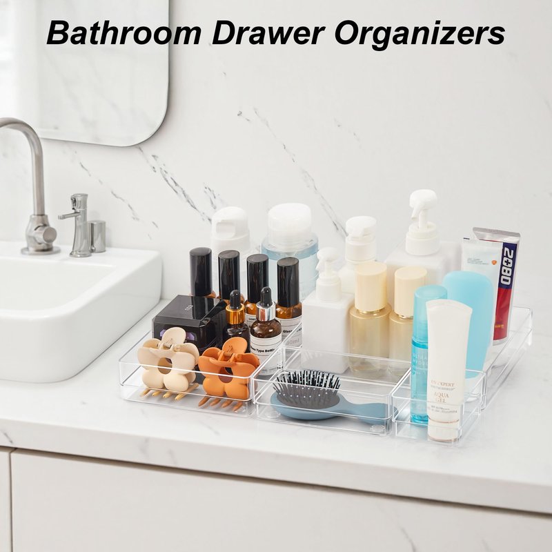 SMARTAKE 7-Piece Drawer Organizer with Non-Slip Silicone Pads, 4-Size Desk Drawer Organizer Trays Storage Tray for Makeup, Jewelries, Utensils in Bedroom Dresser, Office and Kitchen (Clear)
