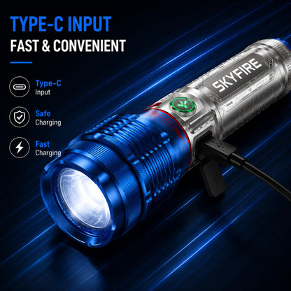 SKYFIRE 6000 Lumens Rechargeable Flashlight with Fire Starter,96 Hours Runtime, IPX6 Waterproof, Zoomable Tactical Flashlight Spotlight for Camping, Emergency, Outdoor Survival