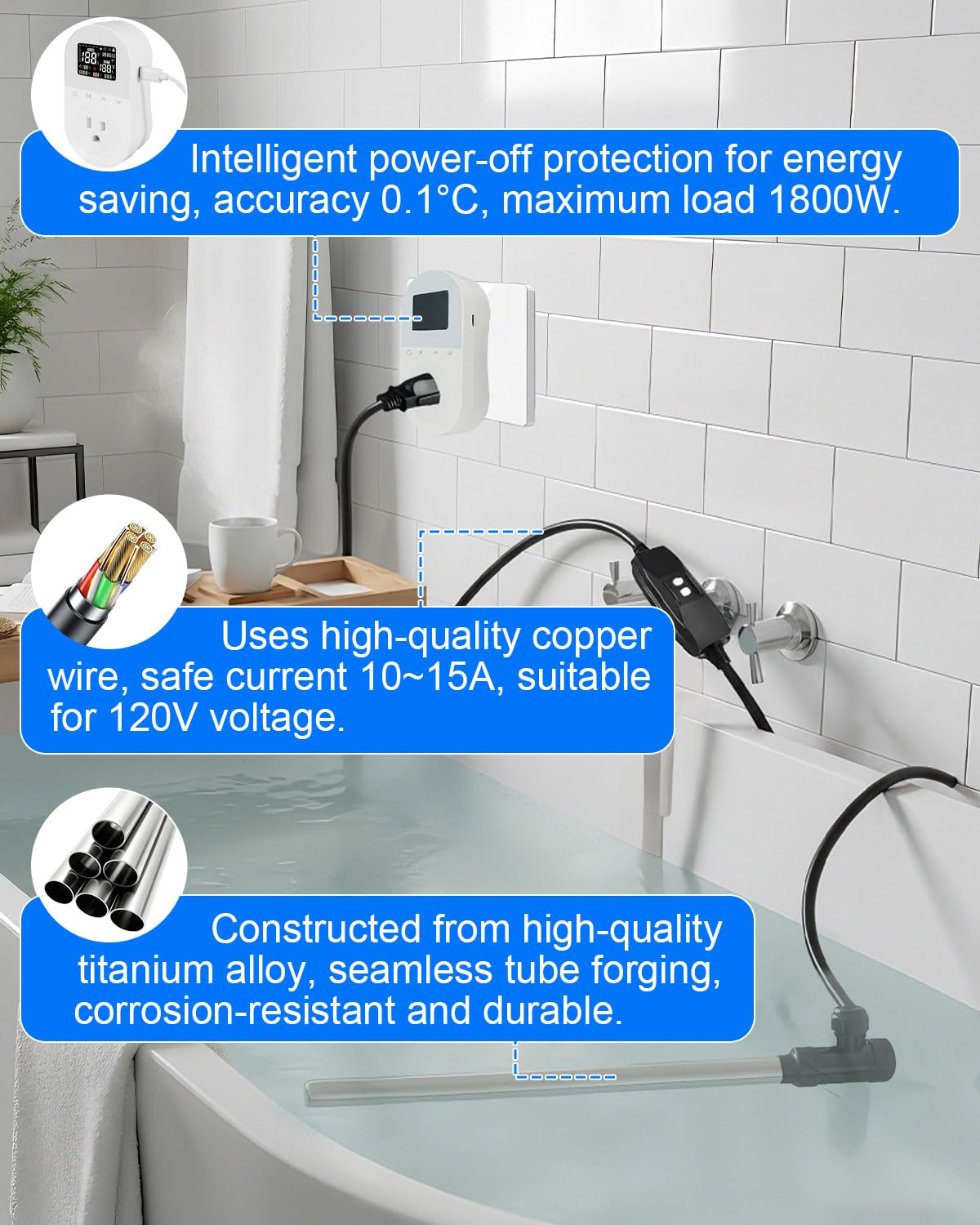 Submersible Portable Hot Tub Heater 1300W, Titanium Immersion Water Heater with Smart Thermostat, IOT Remote Control, Fast Heating for Hot Tubs,Spa Tubs, baptismal, Inflatable Pools & Above Ground