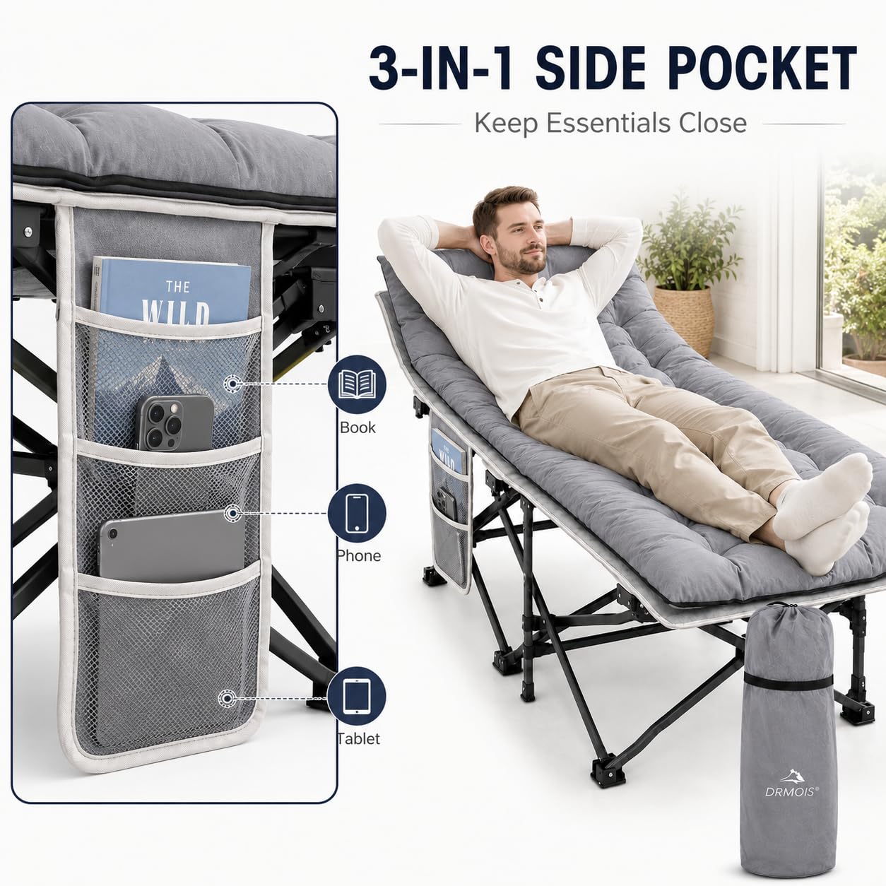 DRMOIS Camping cots, Oversized 32inch Width Portable Foldable Outdoor Bed for Adults Kids, Cot for Traveling Gear Supplier, Office Nap,Support 900 lbs-with Sleeping Pad Mattress-Grey, XXL Size