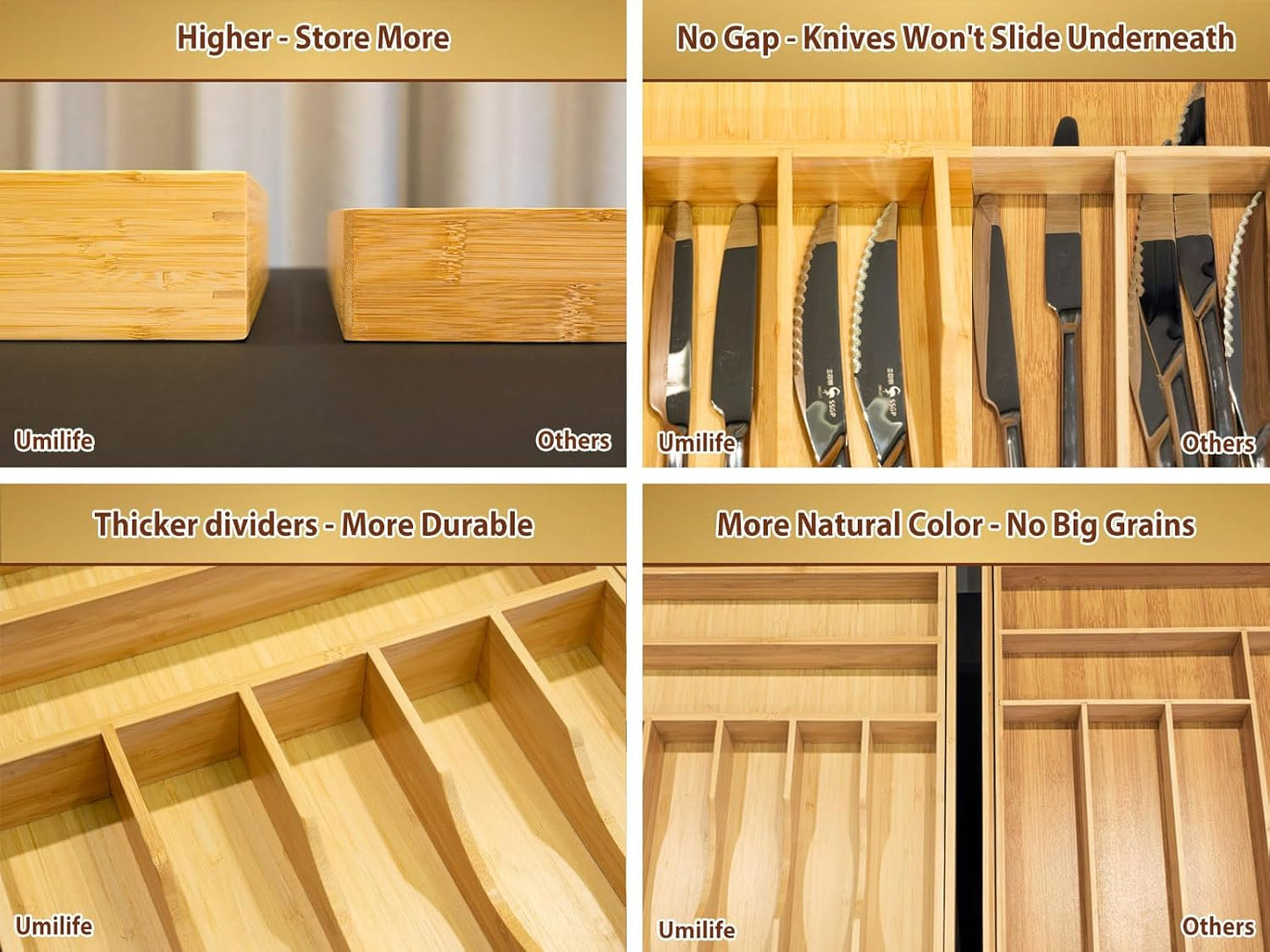 Umilife Bamboo Wood Silverware Organizer - Large Expandable Utensils Drawer Divider, 2.5" Adjustable Height