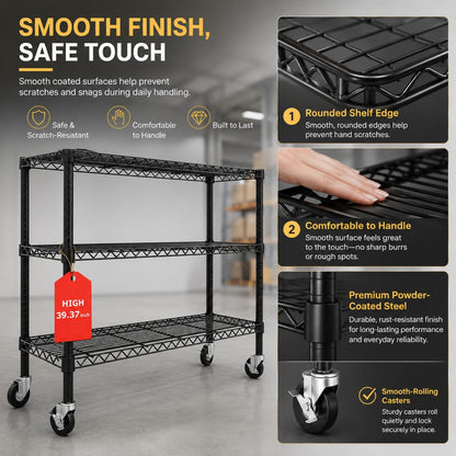 Orchidleaf 3 Tier Wire Shelving Unit with Wheels, Heavy Duty Metal Storage Shelf Rack, 36.9" W x 18.6" D x 39.4" H Rolling Wire Shelf with Locking Casters for Garage, Pantry, Kitchen, Laundry Room,
