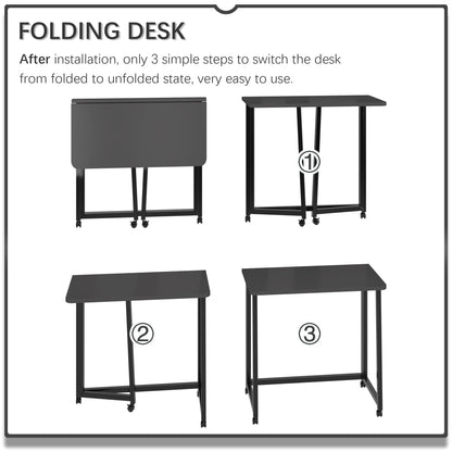 4NM 23.6" Mobile Small Folding Desk, Foldable Rolling Computer Home Office Desk, Study Writing Table for Small Space Saving Bedroom, with Wheels - All Black
